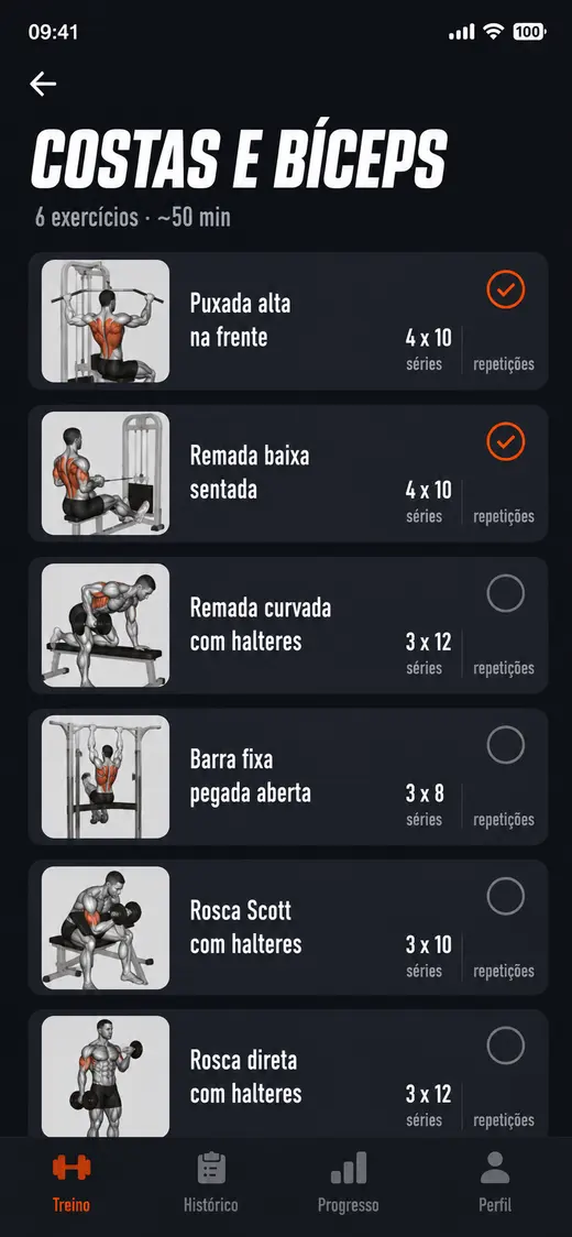 Tela com a lista do treino do dia