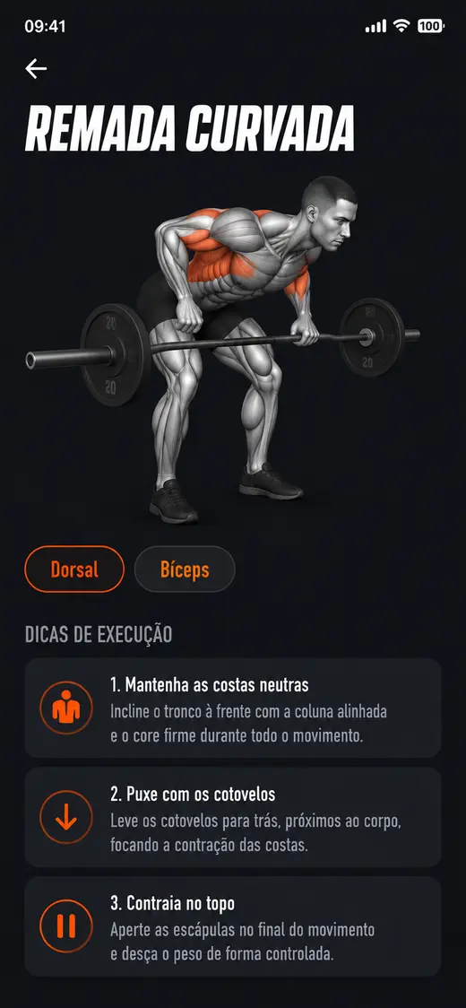 Tela de detalhe do exercício com ilustração da execução