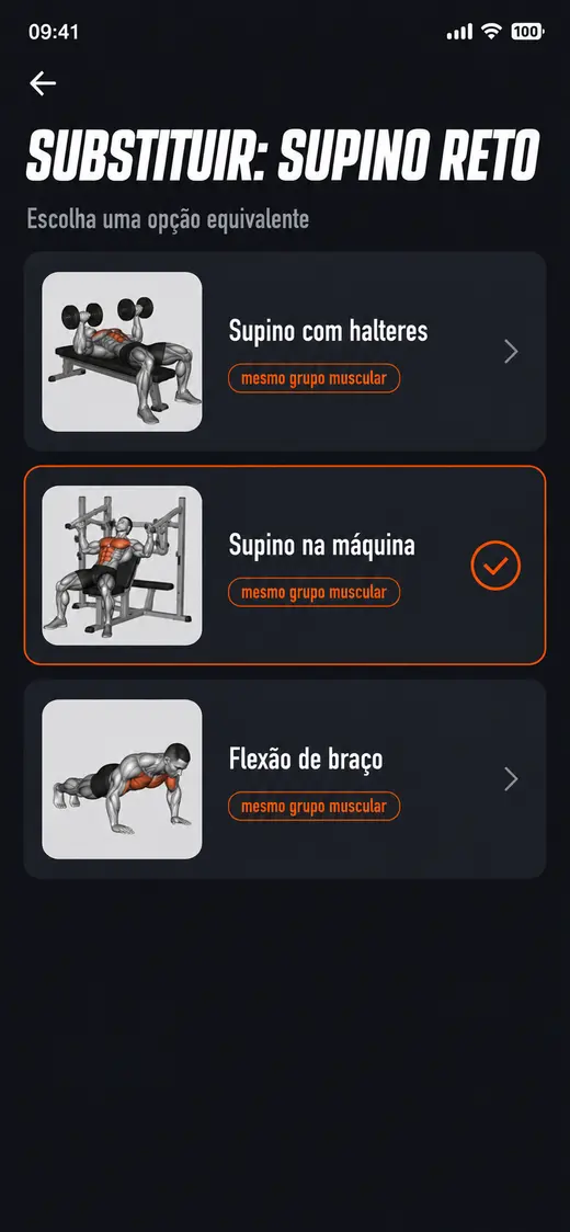 Tela de substituição de exercício por um equivalente